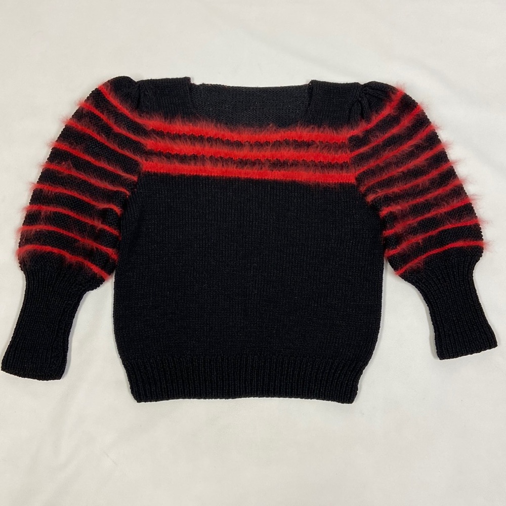 Vintage Sweater ribbed cable knit 3/4 length puff sleeve red angora stripe Sz S
